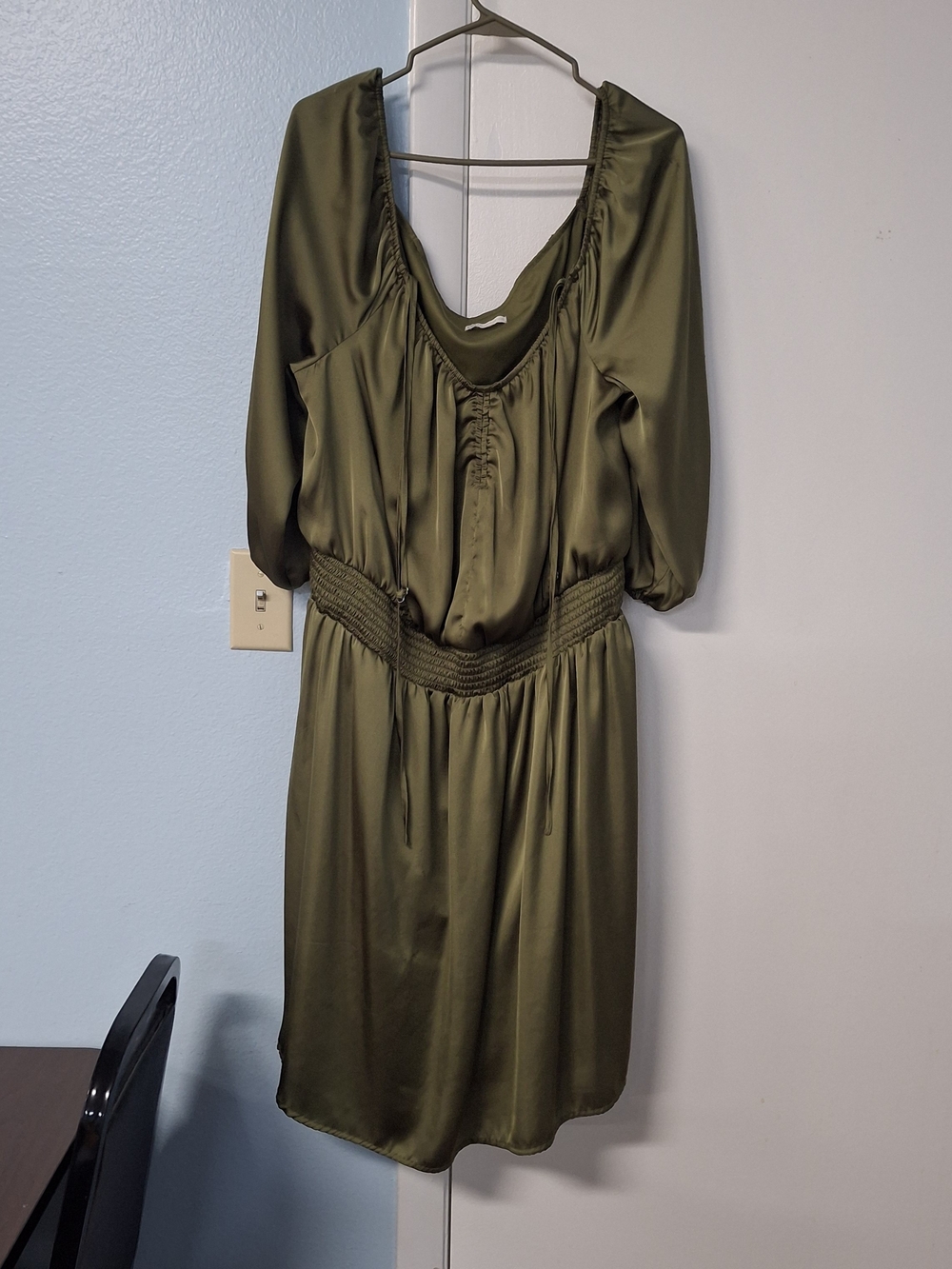Olive Satin V-Neck Women’s Peasant Y2K Dress